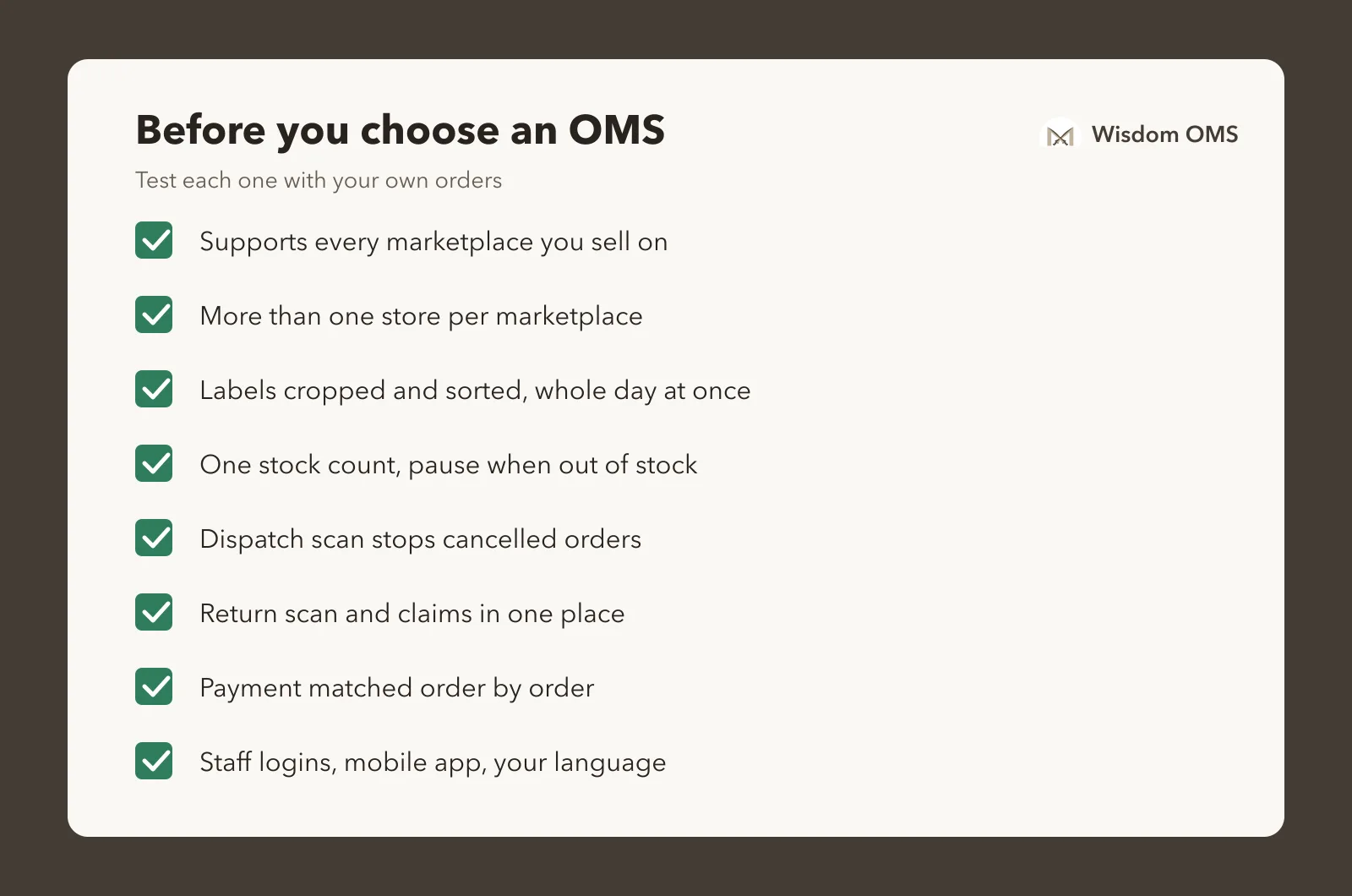 Checklist of eight things to check before choosing an OMS, from supported marketplaces and multiple stores to staff roles and a mobile app.